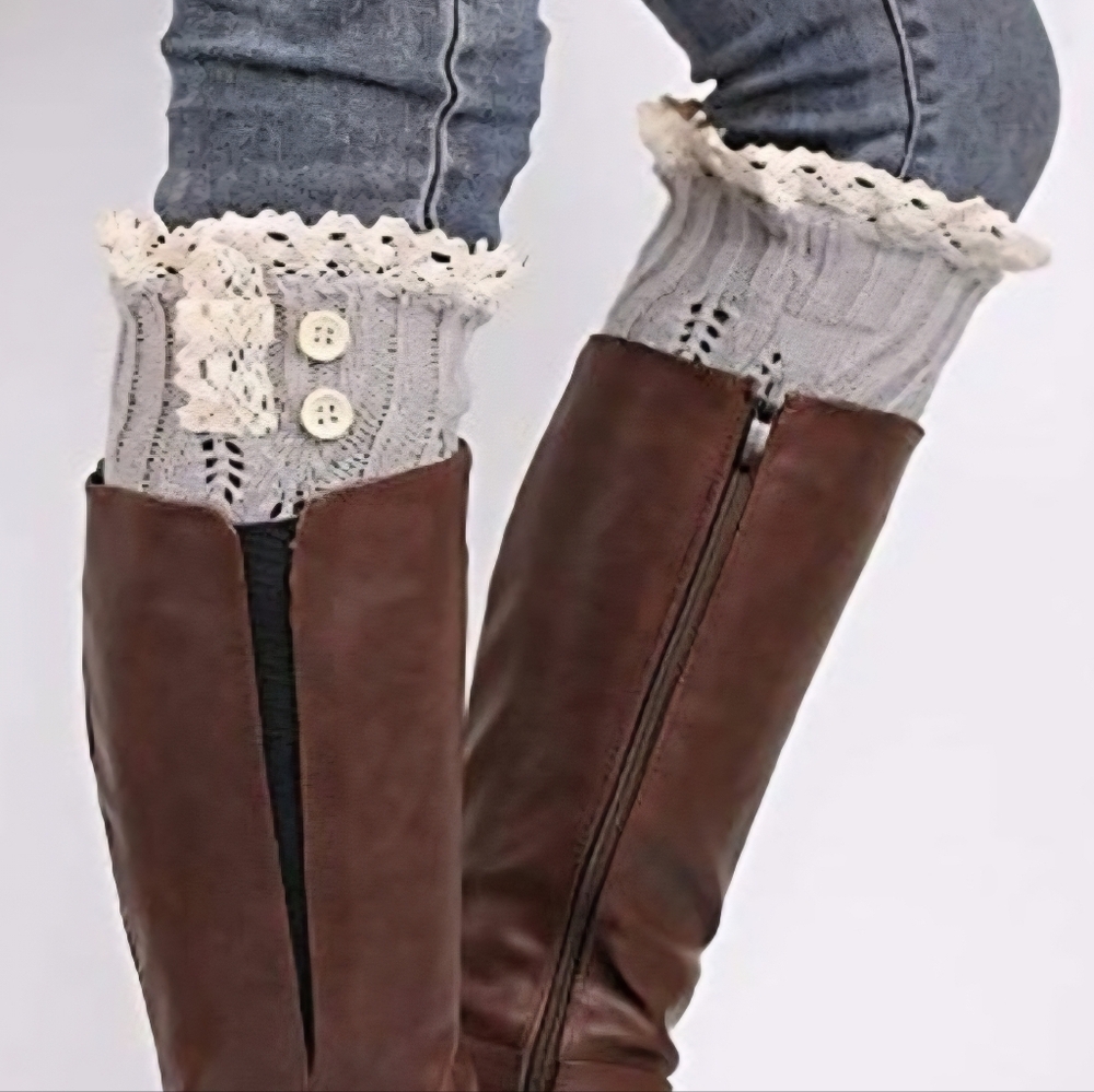 Girly Knit Lace Trim Boot Topper Boot Cuff Gray